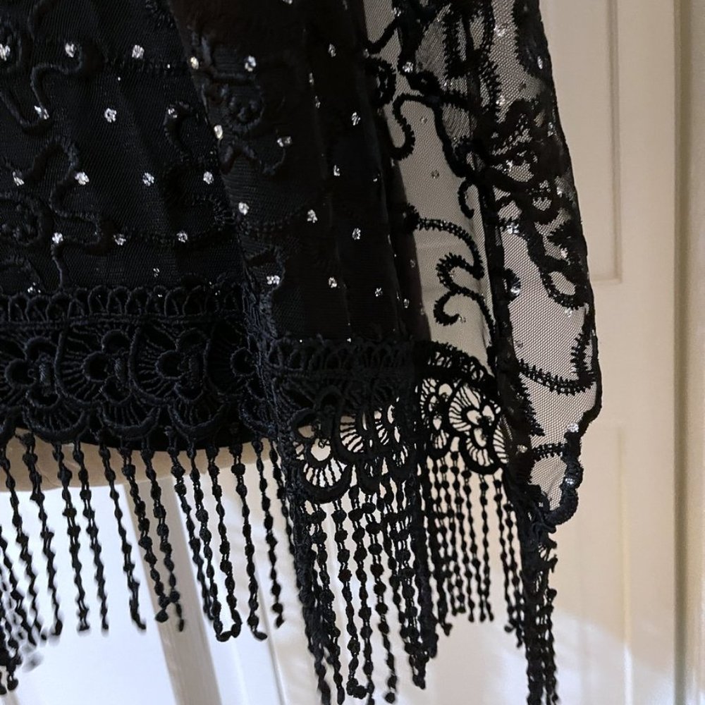 Victorian Vintage High Neck Capelet Black Womens M / L Sheer Beaded Fringed Cape - Picture 11 of 15